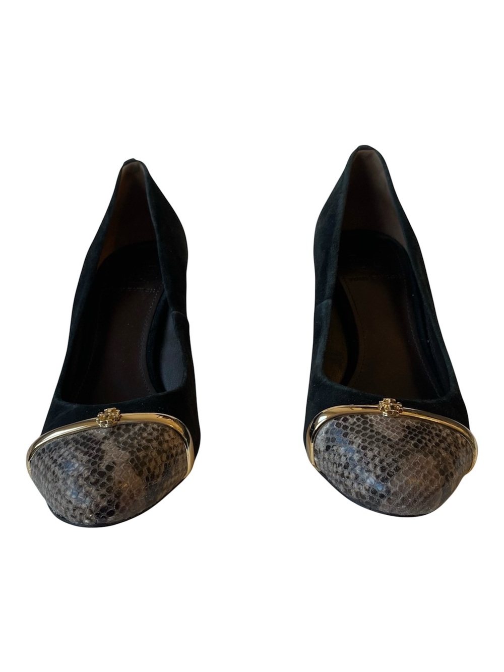 Tory Burch Pacey Black Suede Snake Cap Toe Block Heel Pumps Women’s 7 - Picture 2 of 12